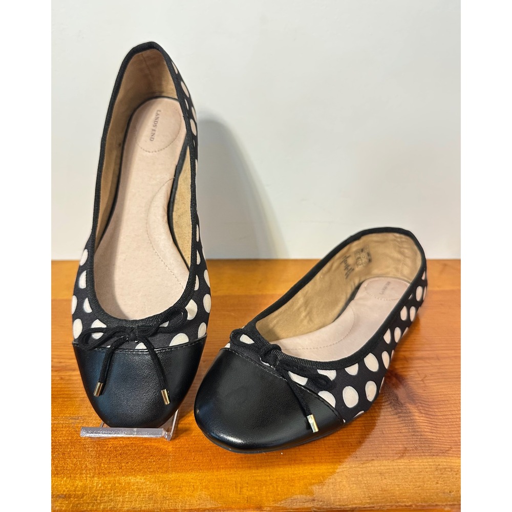 Lands' End Polka Dot Ballet Flats Black White Bow Cap Toe Bow 8.5 Balletcore